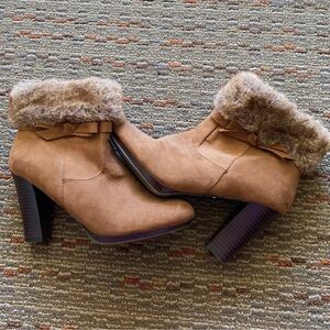 Dana Buchman Camel Suede Faux-Fur Cuff Ankle Booties